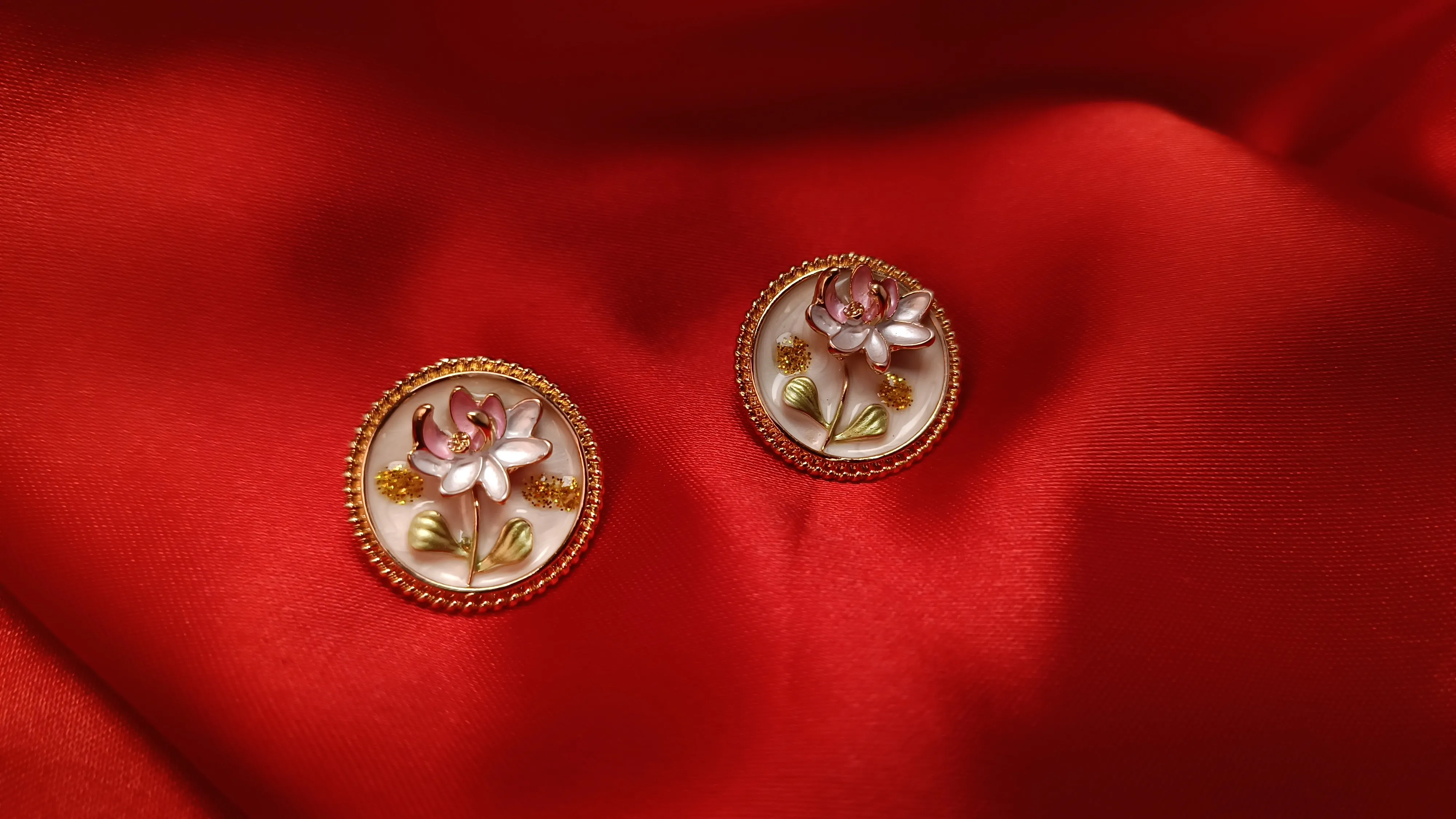 Vintage Bloom White Medallion Studs | Hand-Painted Floral Cameo Earrings with Gold Beaded Border